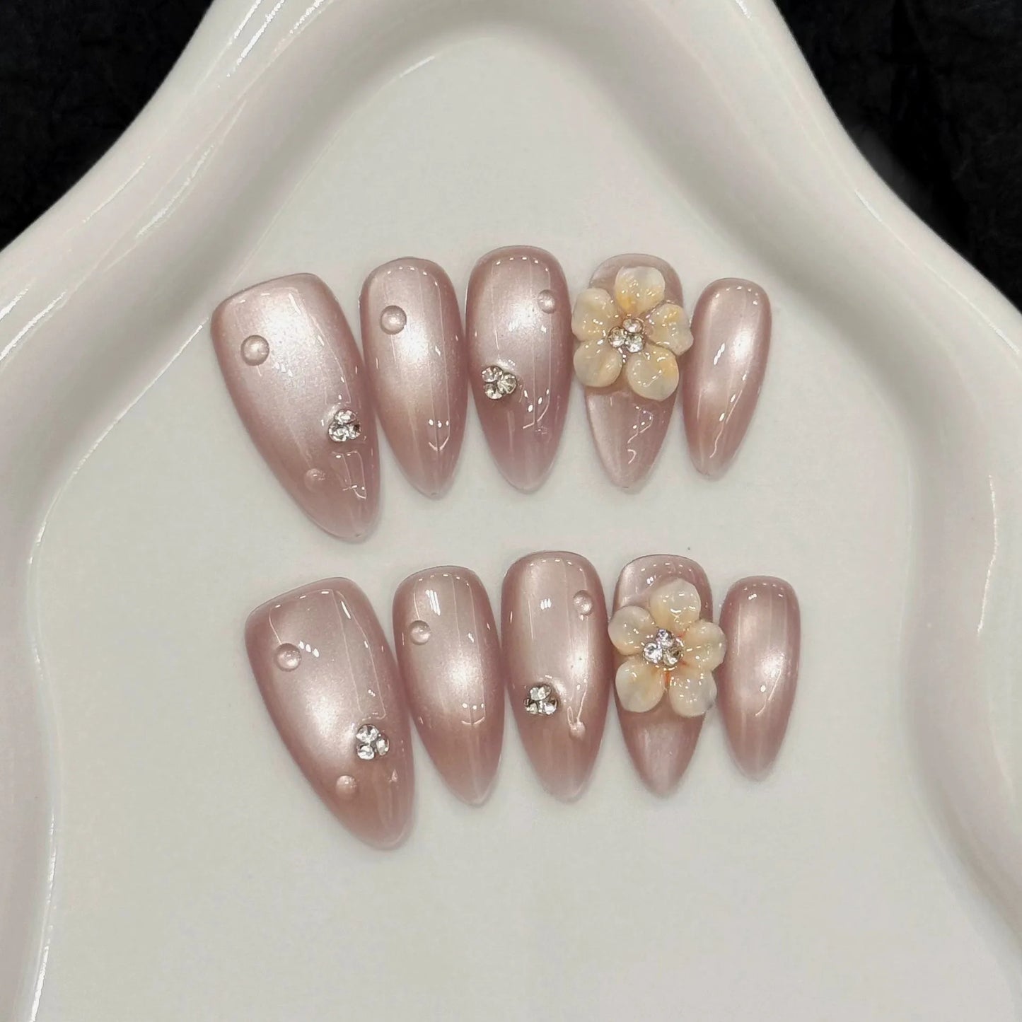 Handmade Press on Nails Embossed Ice Flower Fake Nails Full Cover Almond Tips Wearable Shiny Nude Cat's Eye False Nail Patches Peaceful Pleasures Health and Wellness XS 1