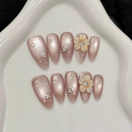 Handmade Press on Nails Embossed Ice Flower Fake Nails Full Cover Almond Tips Wearable Shiny Nude Cat's Eye False Nail Patches Peaceful Pleasures Health and Wellness XS 1