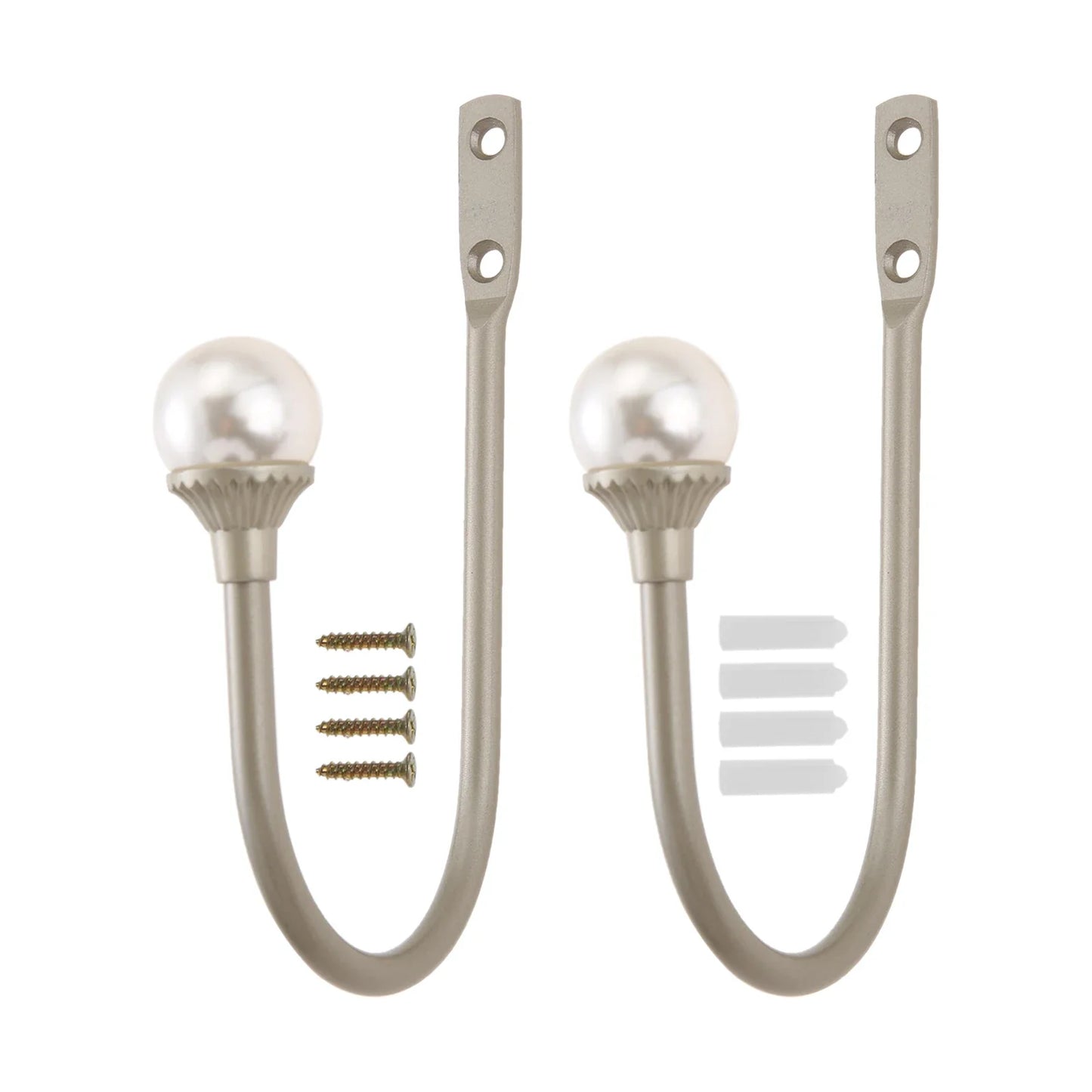 2pcs Pearl Curtain Holdbacks – U-Shape Iron Alloy Wall Hooks Silver