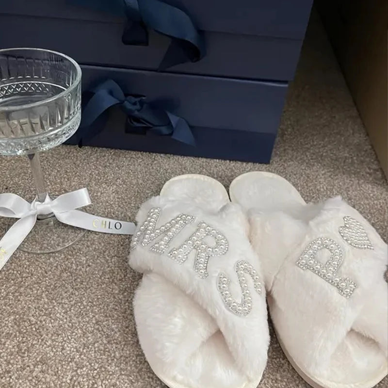 Personalized Pearl Letter Fluffy Slippers | Bridal & Mrs Gift Bridal Slippers Peaceful Pleasures Health and Wellness