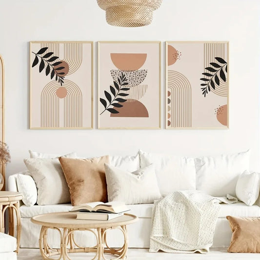 3pcs/set Unframed Canvas Poster, Modern Boho Wall Art Poster, Geometry Semicircle Botanical Leaf Painting, Wall Art Decor Peaceful Pleasures Health and Wellness