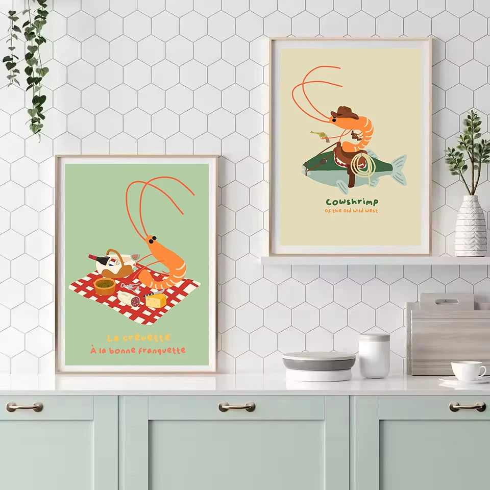 Abstract Kitchen Food Funny Cowboy Shrimp Picnic Cartoon Illustration Poster Canvas Painting Wall Art Pictures Home Decor Peaceful Pleasures Health and Wellness