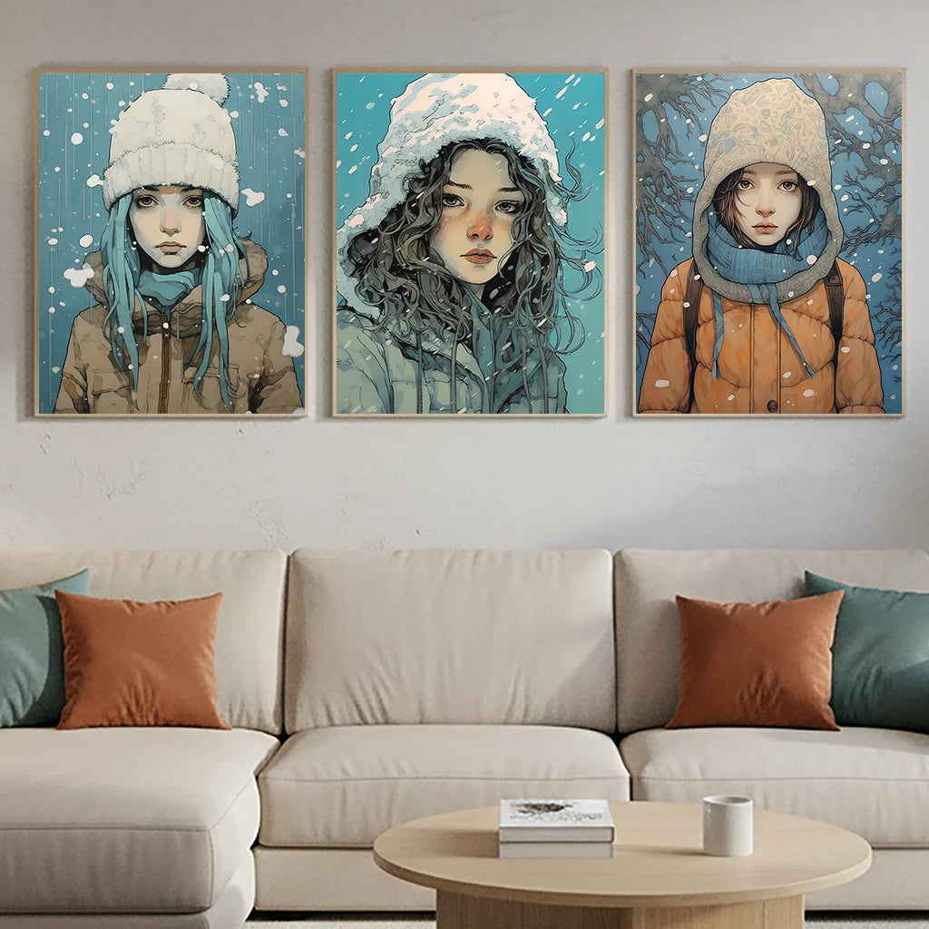 Nordic Winter Portrait Wall Art, Watercolor Girl Canvas Painting, Snowy Season Poster Print for Bedroom Living Room Décor Peaceful Pleasures Health and Wellness