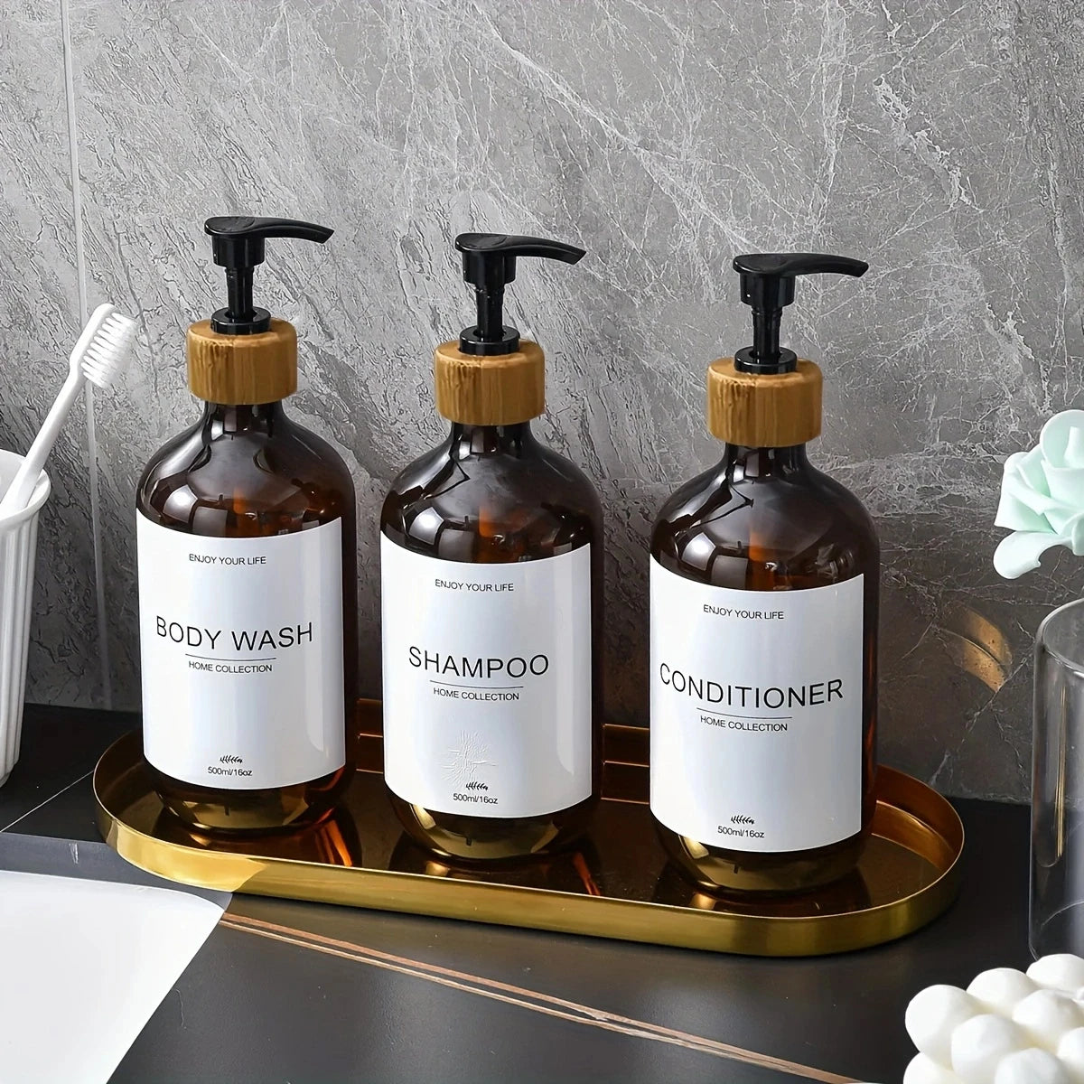 Bathroom Shampoo Dispenser Set 500ml Conditioner Body Wash Bottles Refillable Dispenser Farmhouse Decoration Storage Bottles Peaceful Pleasures Health and Wellness