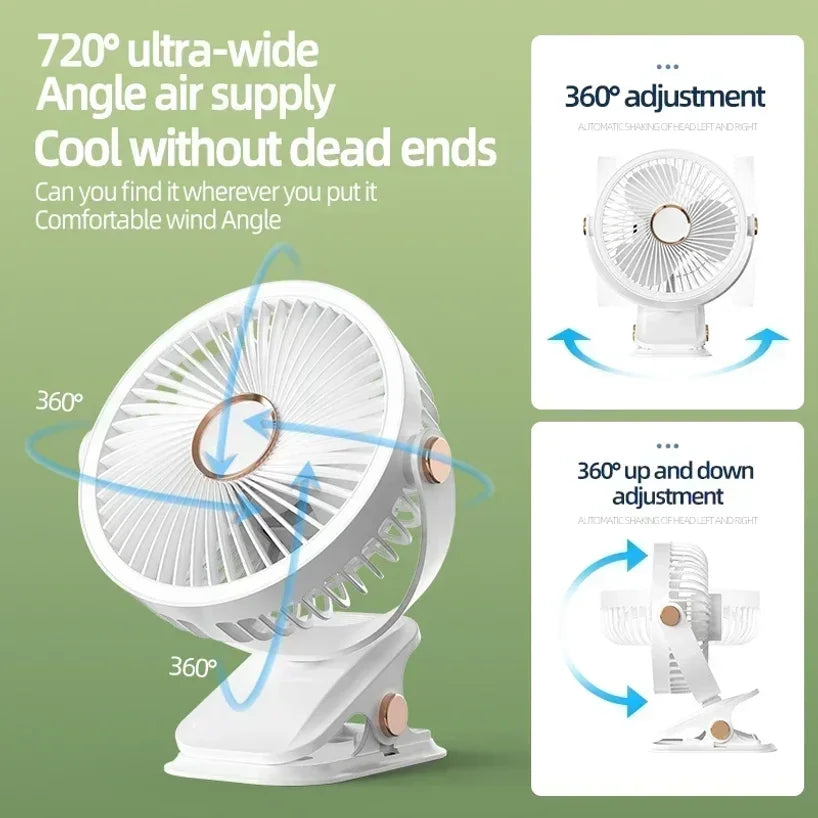 8000mAh Rechargeable Camping Fan with LED Light & Clip-On