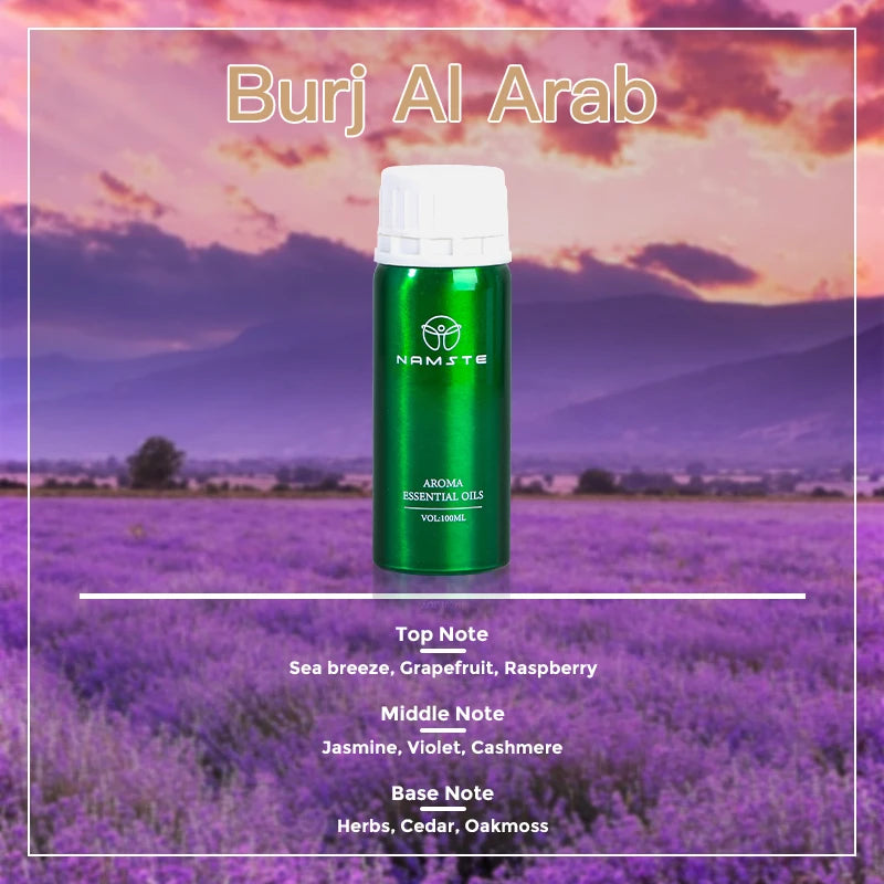Green essential oil bottle with lavender field and sunset background
