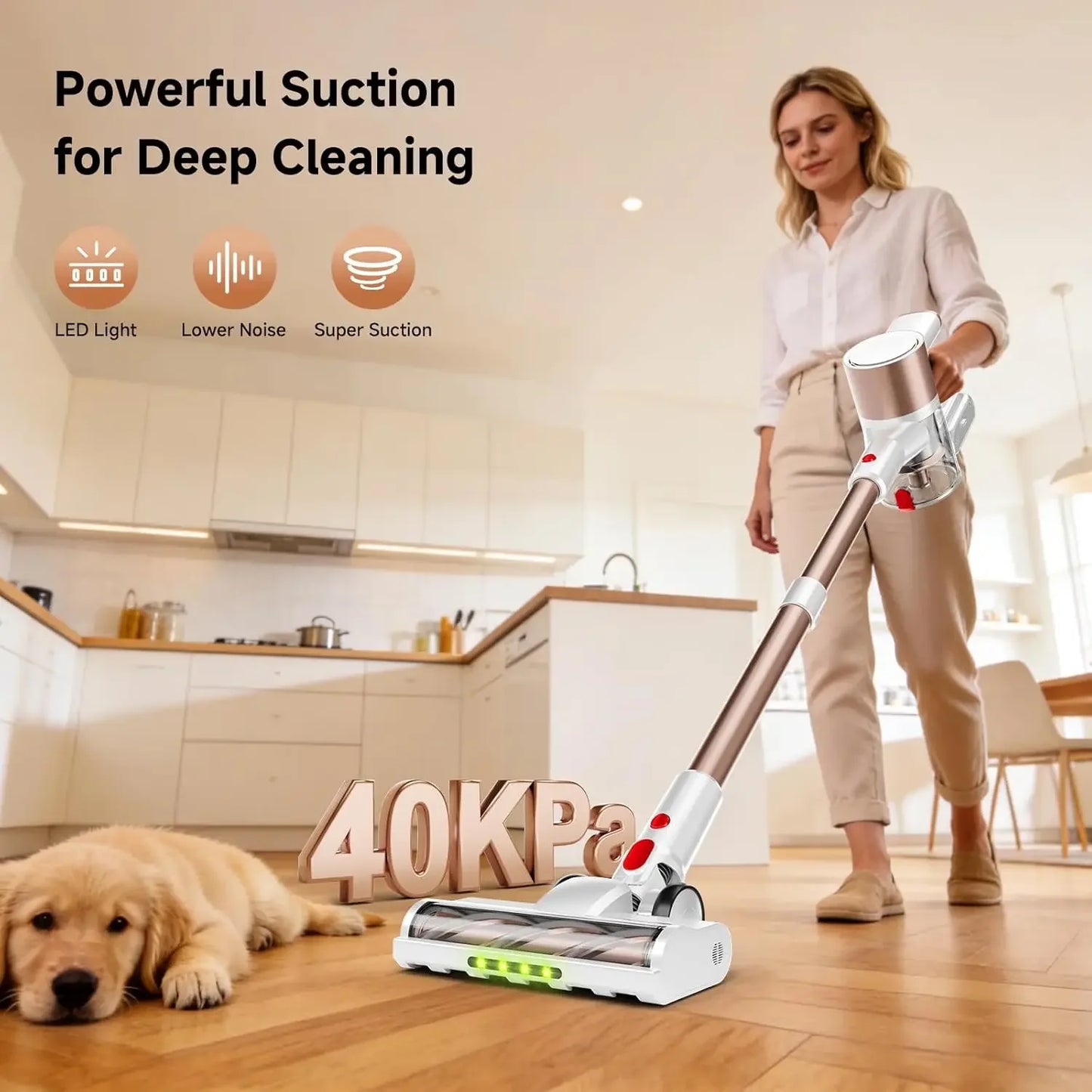 500W Cordless Vacuum Cleaner, 40Kpa Suction, LED Display, Anti-Tangle Brush, 8-in-1 Lightweight for Hard Floors Pet Hair Peaceful Pleasures Health and Wellness