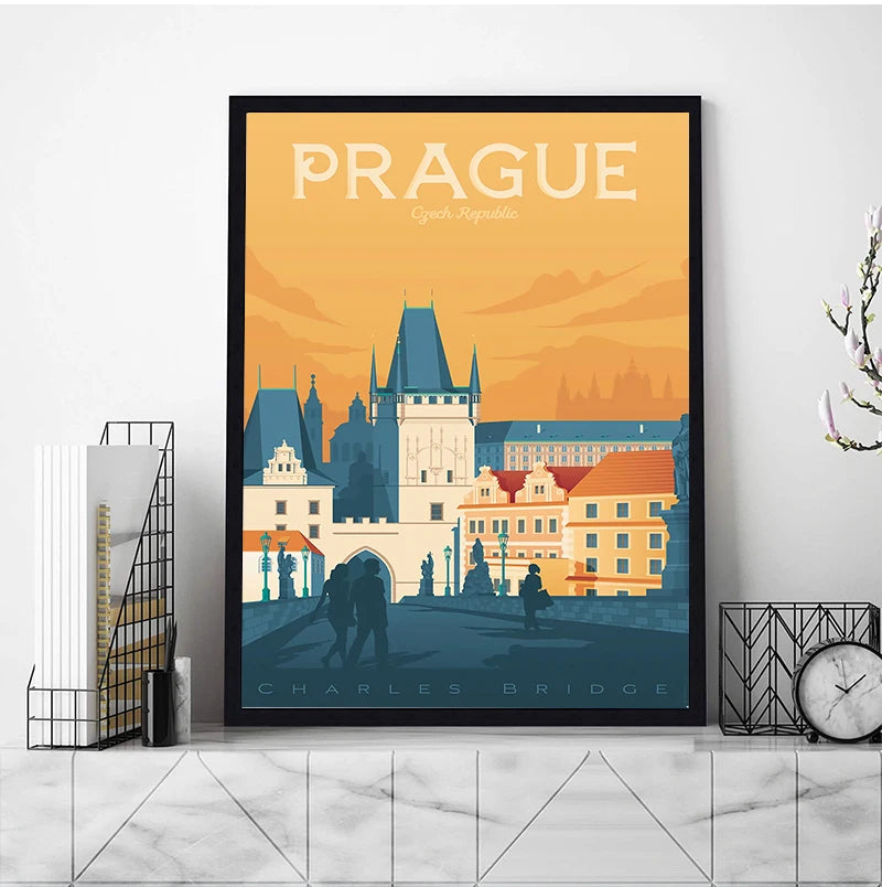 Prague Czech Republic Vintage Travel Canvas Wall Art Poster