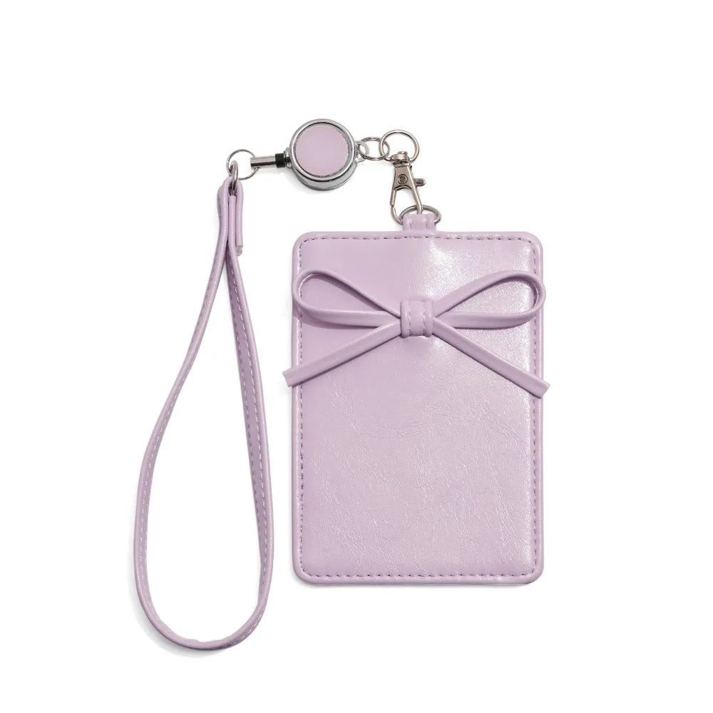 PU Leather Bow Leather Card Holder Bowknot Name Tag Work Card Cover Scalable Retractable Bus ID Holders Men Women Peaceful Pleasures Health and Wellness Light Purple
