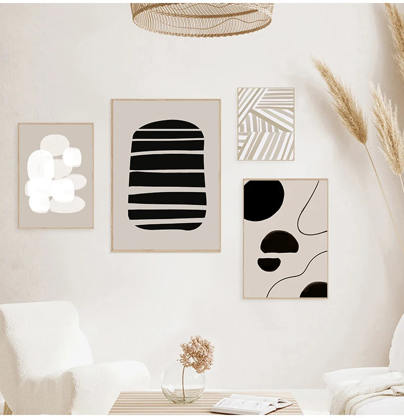 Modern Abstract Line Art Canvas Poster | Beige Black Minimalist