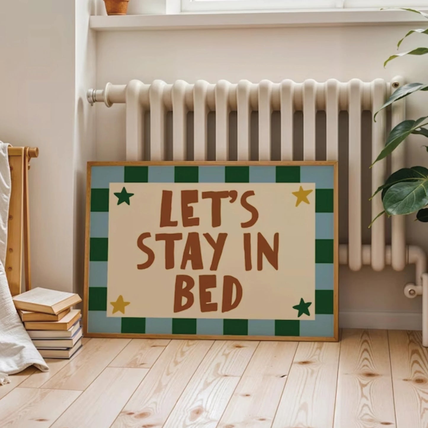 "Let's Stay In Bed" Retro Typography Canvas Wall Art Print