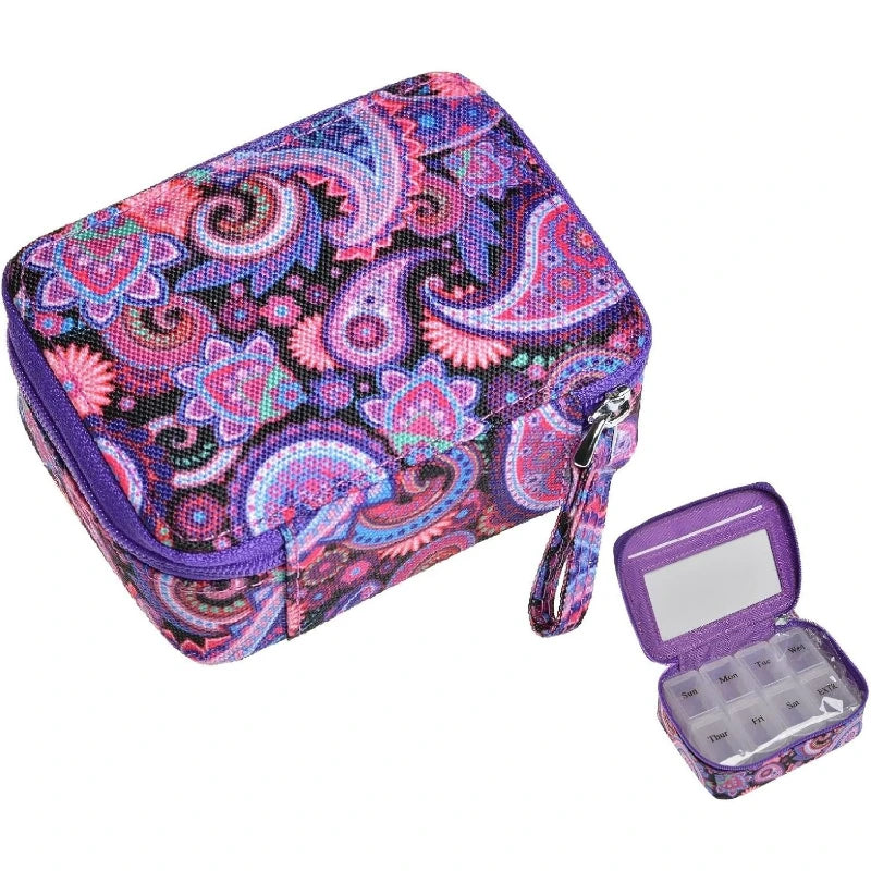 Pill Organizer Case, Weekly Pill Box for Vitamin and Supplement Holder, 7-Day Travel Organizer Medicine Case Peaceful Pleasures Health and Wellness Purple Paisley