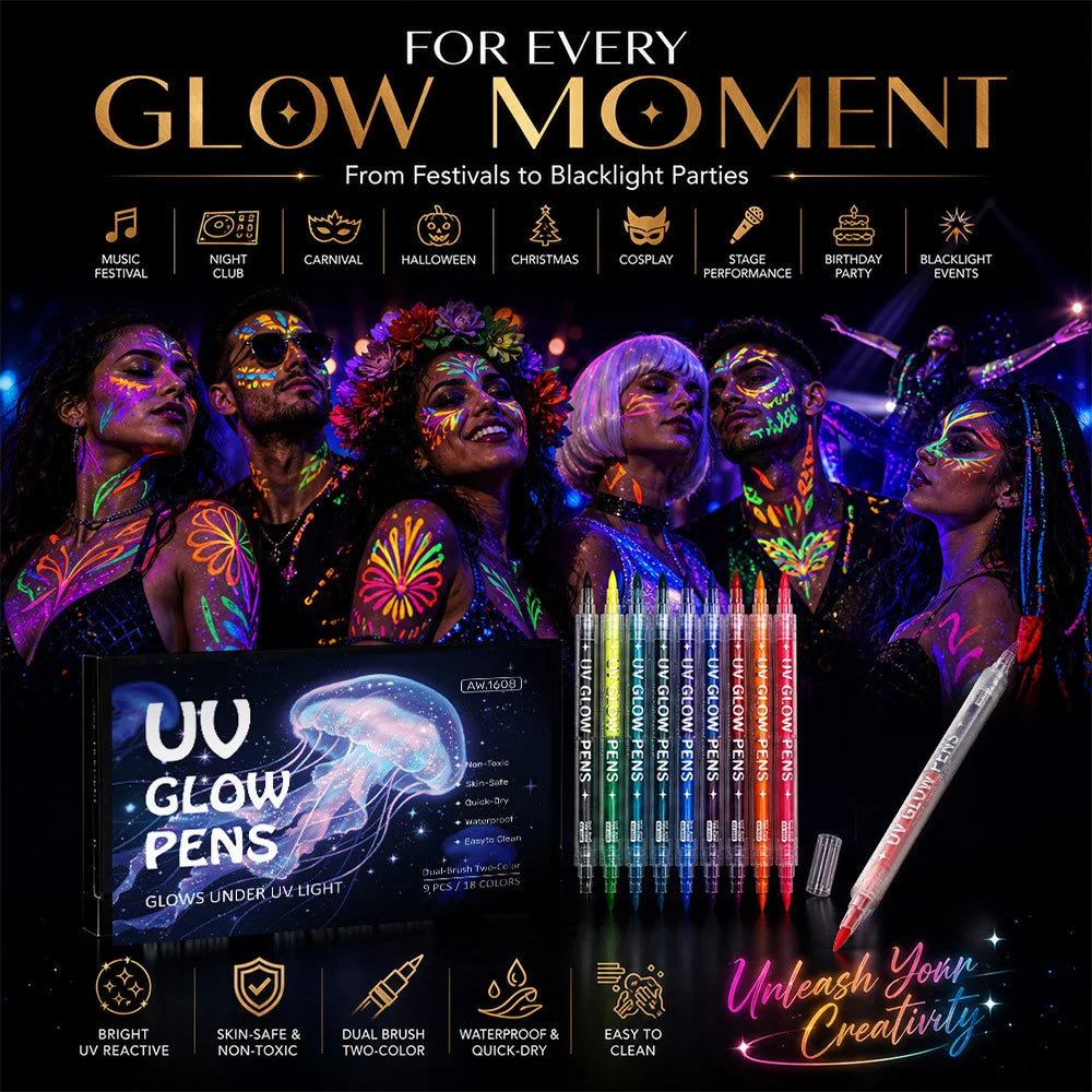 Glow Face Body Paint, Glow In The Dark Under UV Black Light Sticks Makeup Neon Face Painting Kits for Adult Halloween Festival Peaceful Pleasures Health and Wellness
