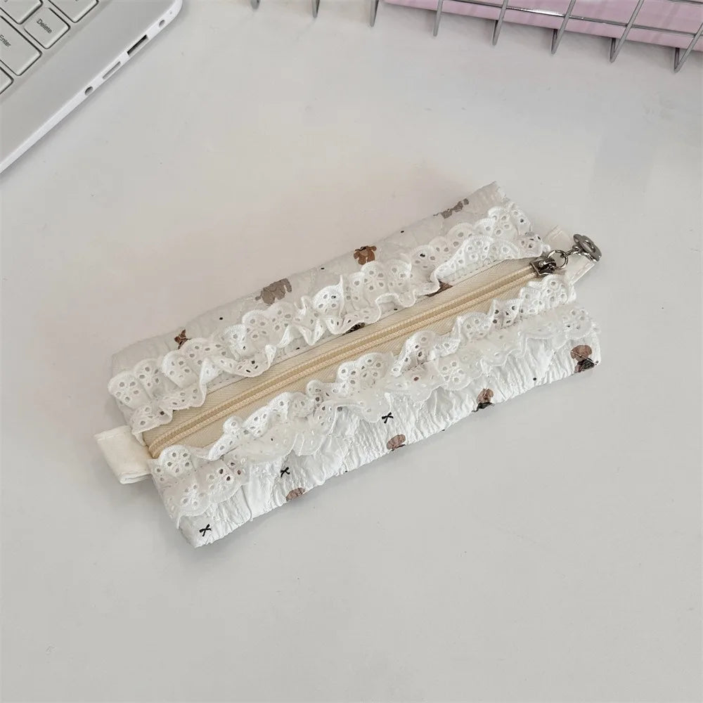 Fresh Lace Pencil Pouch Large Capacity Cosmetic Bag Flower Pattern Pen Case Makeup Bag Cartoon Stationery Storage Bag Peaceful Pleasures Health and Wellness Style E