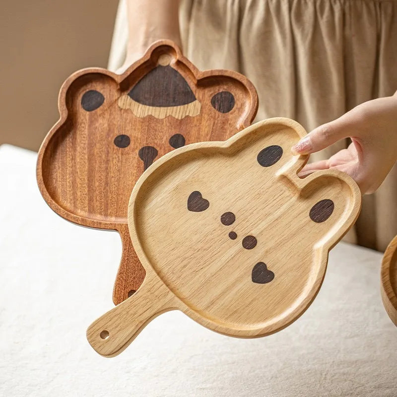 Wooden Cartoon Bear & Rabbit Children’s Serving Tray with Handle | Leaf Shape – Afternoon Tea, Fruit & Dessert