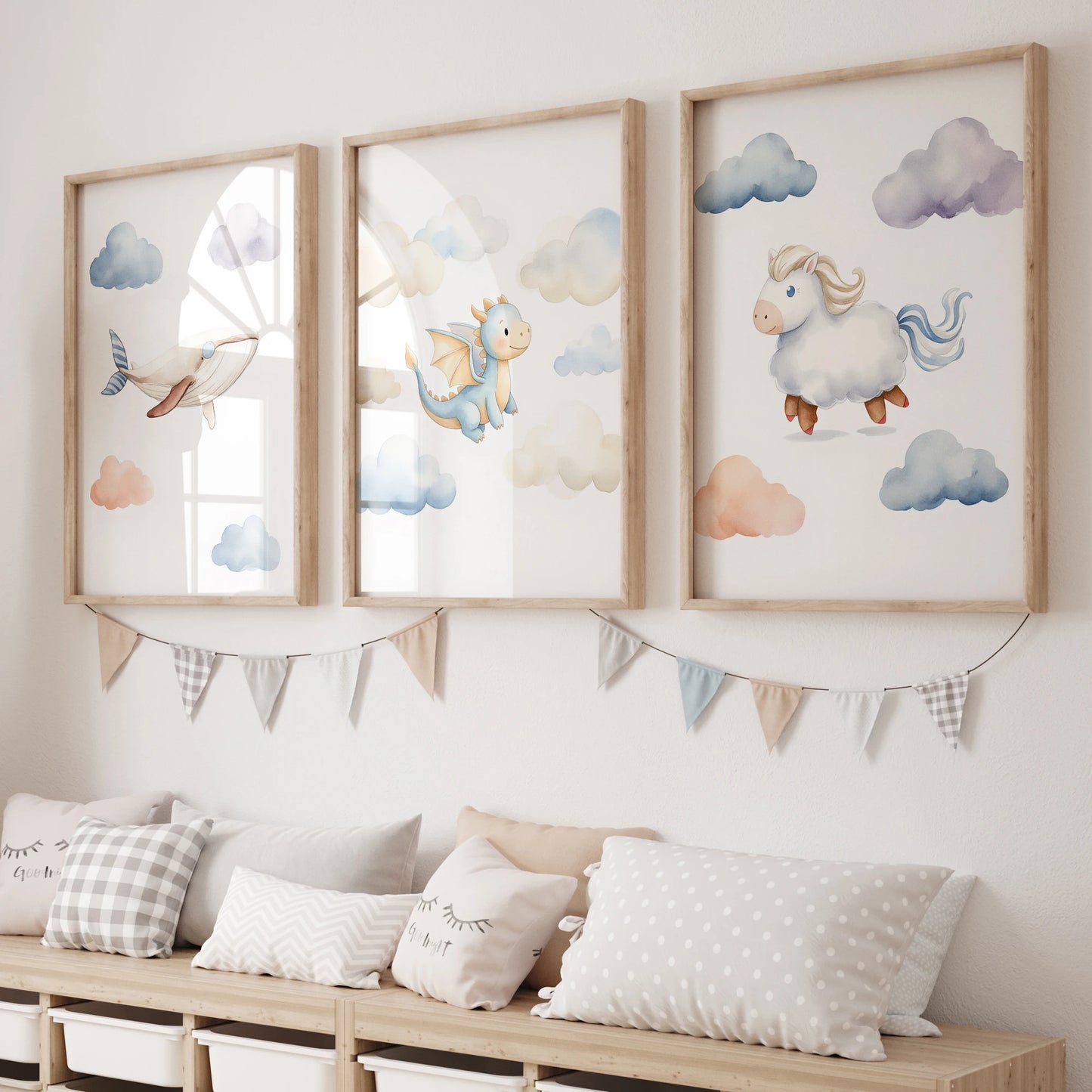 Cartoon Watercolor Animals Canvas Wall Art | Kids Room Decor