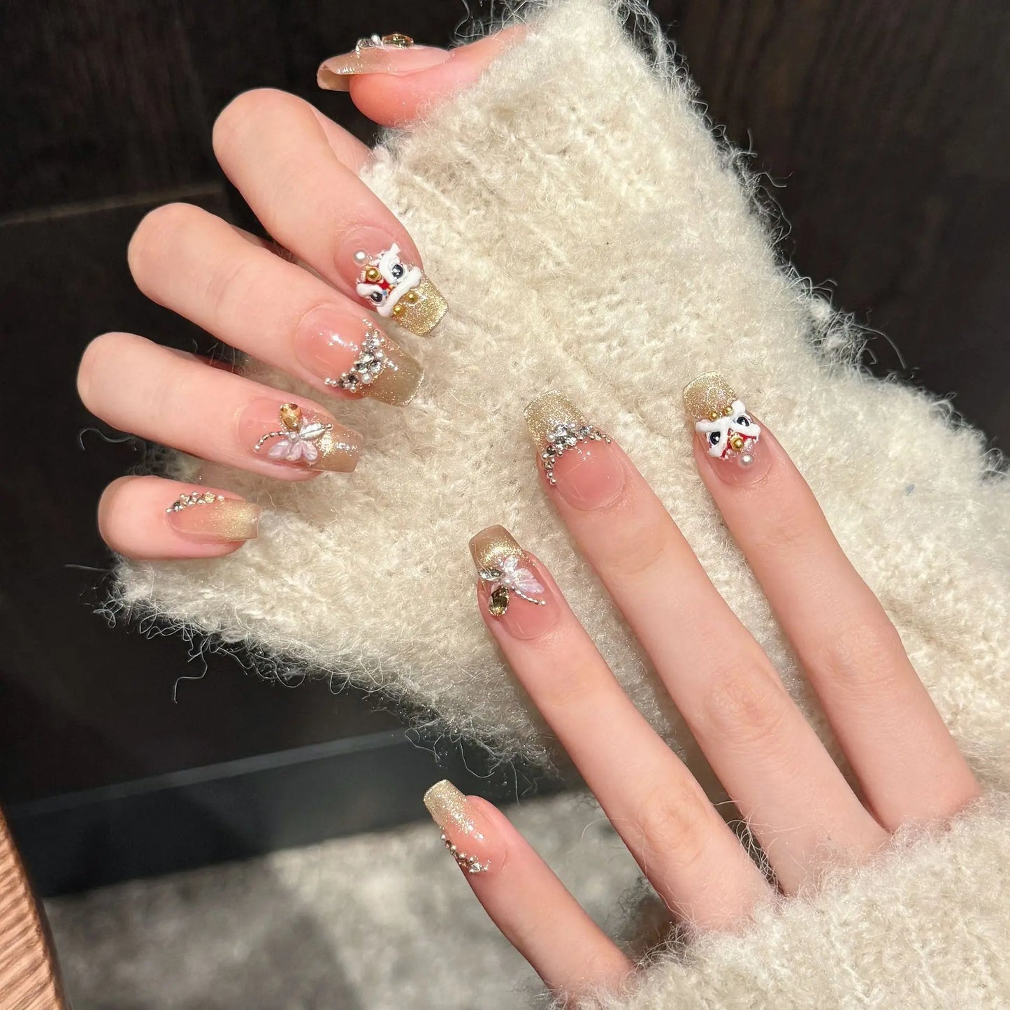 Handmade Press-On Nails | Gold Lucky Lion Cat Eye Design