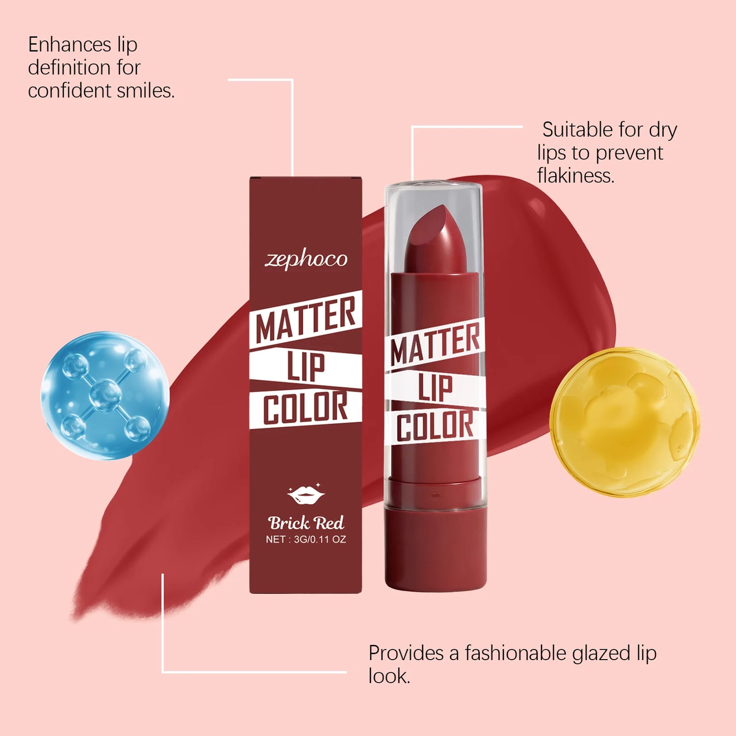 Zephoco Brick Red Moisturizing Lipstick | Non-Transfer, Hydrating
