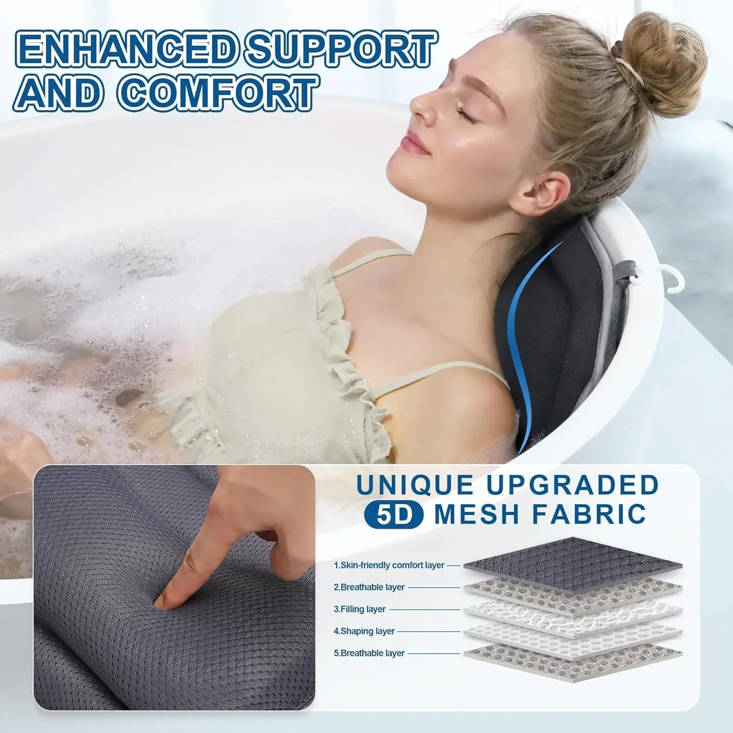 Extra Long Bath Pillow with Head, Back & Lumbar Support, 168 Suction Cups, Soft Mesh for All Tubs - Gray Peaceful Pleasures Health and Wellness