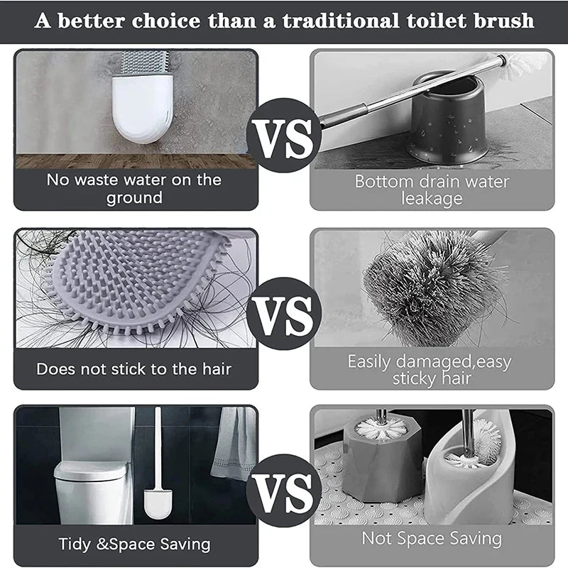 Silicone Toilet Brush & Wall-Mount Holder Set | Flexible Flat Head