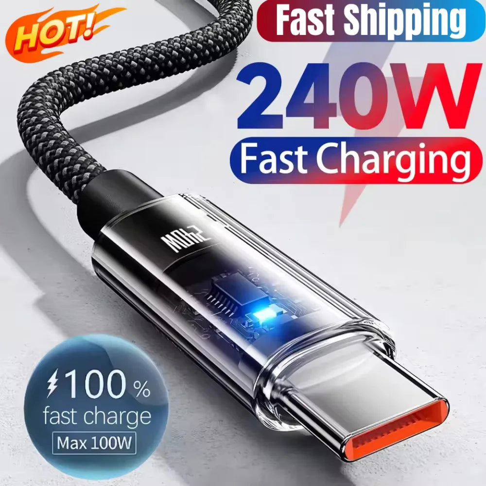 240W USB-A to USB-C Fast Charging Cable | LED Display, Nylon