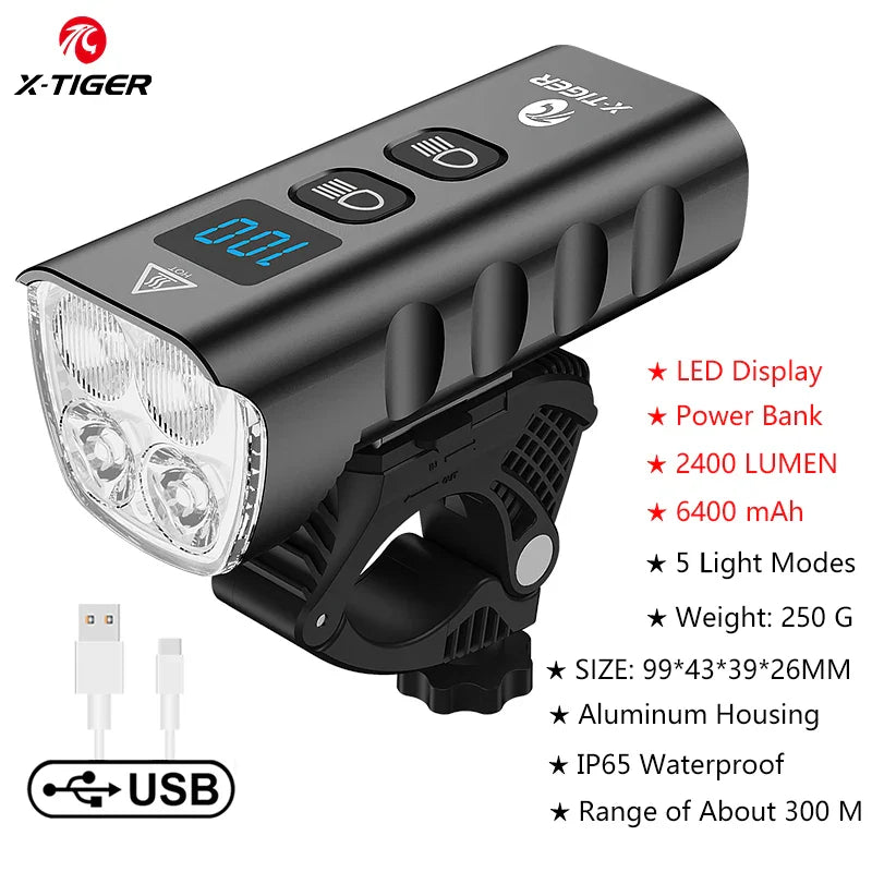 X-TIGER 2400LM Rechargeable Bike Light – 6400mAh LED Headlight