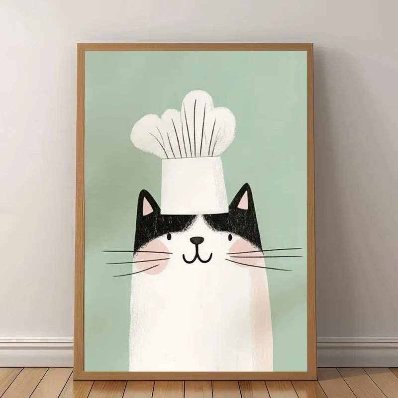 Chef Cat Canvas Wall Art | Bohemian Kitchen Poster Print