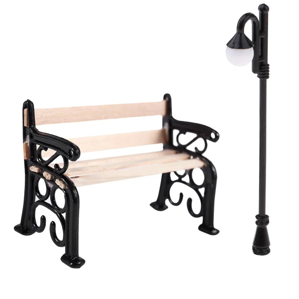 Miniature Street Lamp & Park Bench Fairy Garden Figurine Set