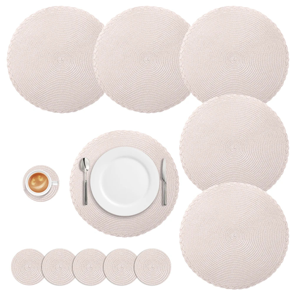 Round Braided Set of 6 Washable Round Placemats for Christmas Kitchen Wedding Dining Table 34cm Woven Heat Resistant Place Mats Peaceful Pleasures Health and Wellness apricot 2 sets Round