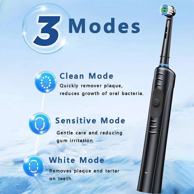 Waterproof Rechargeable Rotating Electric Toothbrush with 3 Cleaning Modes Oral B Round Head Rotating Design Travel Box Peaceful Pleasures Health and Wellness