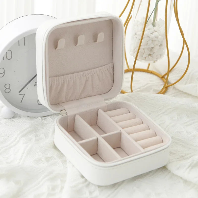 Travel PU Leather Jewelry Box – Zipper Case | Black Pink White Jewelry Travel Case Peaceful Pleasures Health and Wellness WHITE
