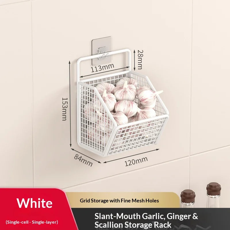 Space Saving No Drill Wall Mounted Organizer for Ginger Garlic Onion Storage Ideal for Kitchen Small Apartment Cooking Use Peaceful Pleasures Health and Wellness 1 Grid White