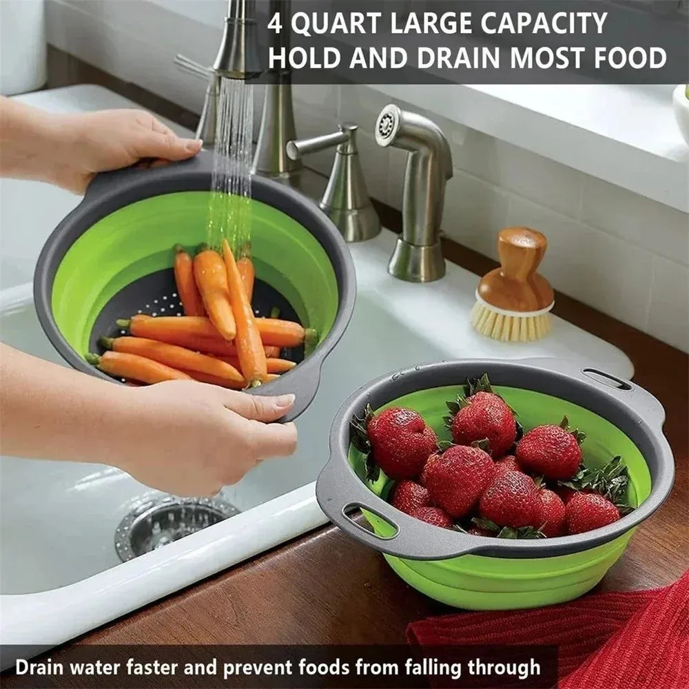 Silicone Folding Drainer Basket Drain Device Multifunctional Fruit Vegetable Washing Basket Food Grade Collapsible Colander Peaceful Pleasures Health and Wellness