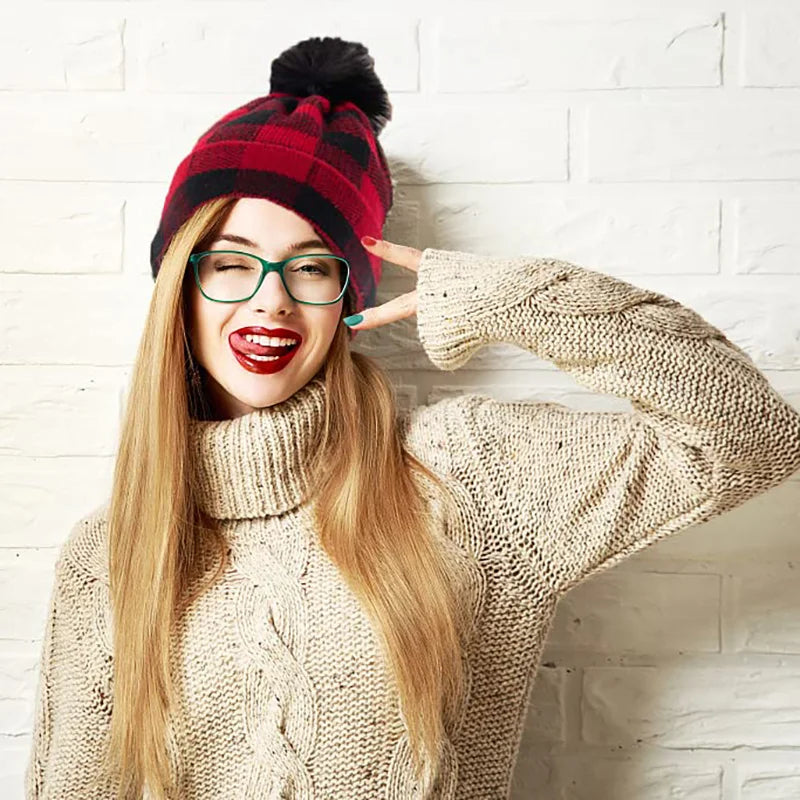 1PC Warm Knit Ear Flap Hat Winter Plaid Red Christmas Cap Lightweight Comfortable Holiday Santa Hat for Men Women Peaceful Pleasures Health and Wellness