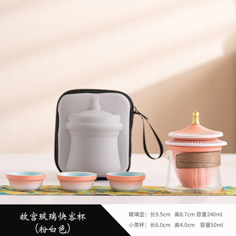 Palace Museum Ceramic Travel Tea Set | Chinese Style Ceramic Tea Set Peaceful Pleasures Health and Wellness glass pink Five-piece Set