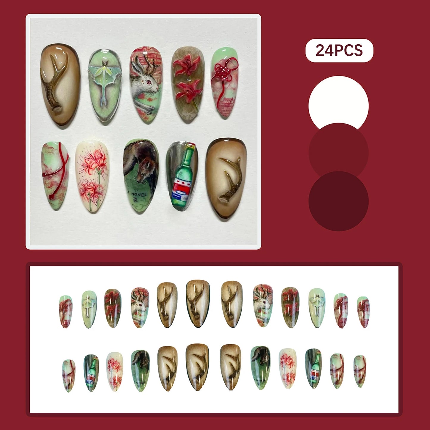 24pc Lotus Koi Press On Nails – Long Almond False Nails