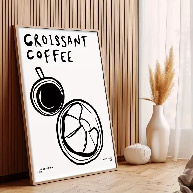 Black & White Croissant Coffee Canvas Wall Art Print | Decor