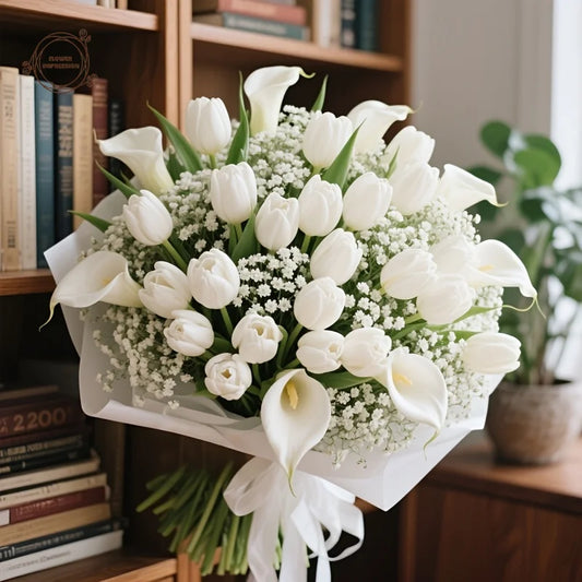 40-Pc Artificial Flower Bouquet – Gypsophila, Tulip & Calla Lily Artificial Flower Bouquet Peaceful Pleasures Health and Wellness