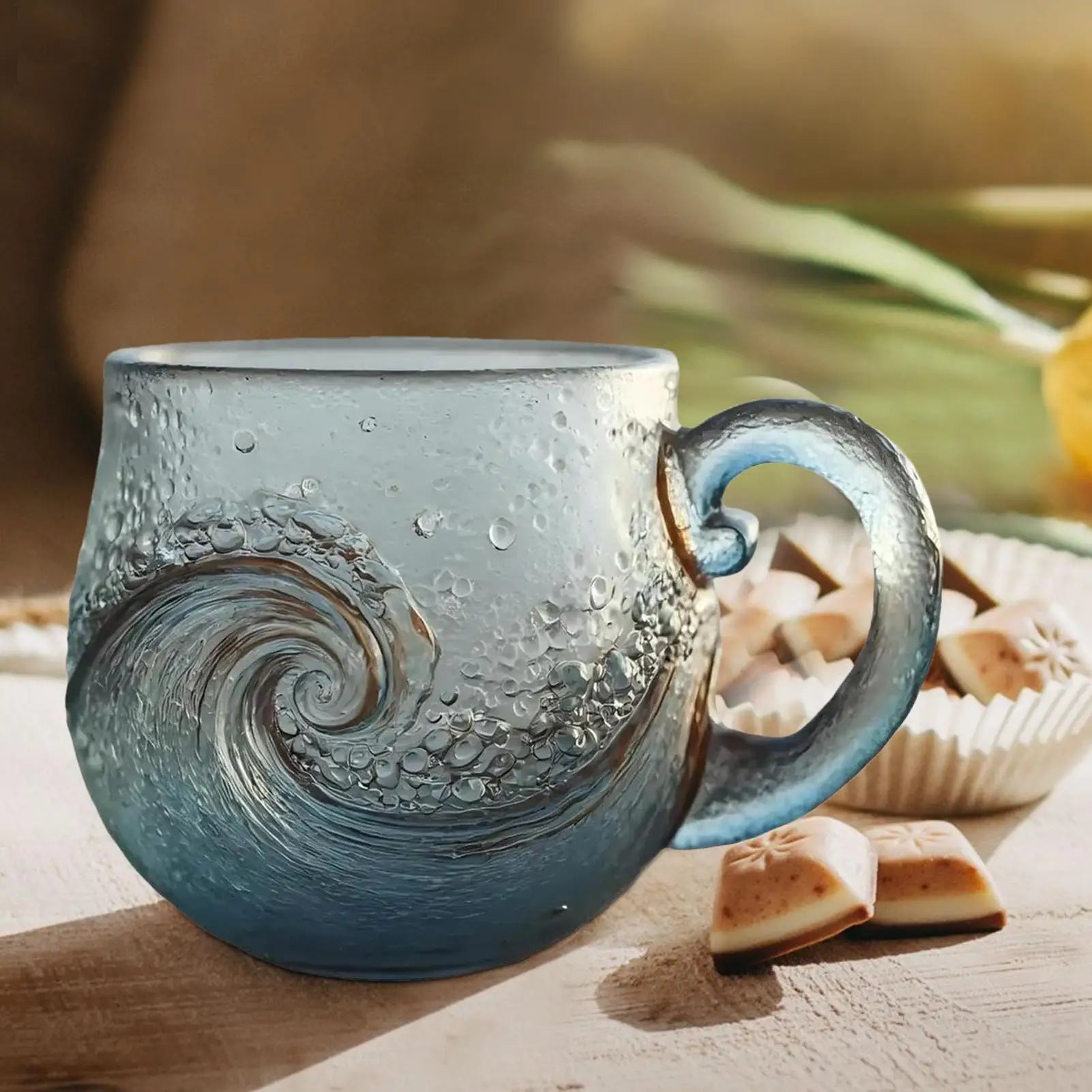 300ml Glass Mug Hand-blown Glass Sea Wave Design Water Bottle Ocean Waves Coffee Mugs With Handle Home Office Milk Tea Mug Peaceful Pleasures Health and Wellness