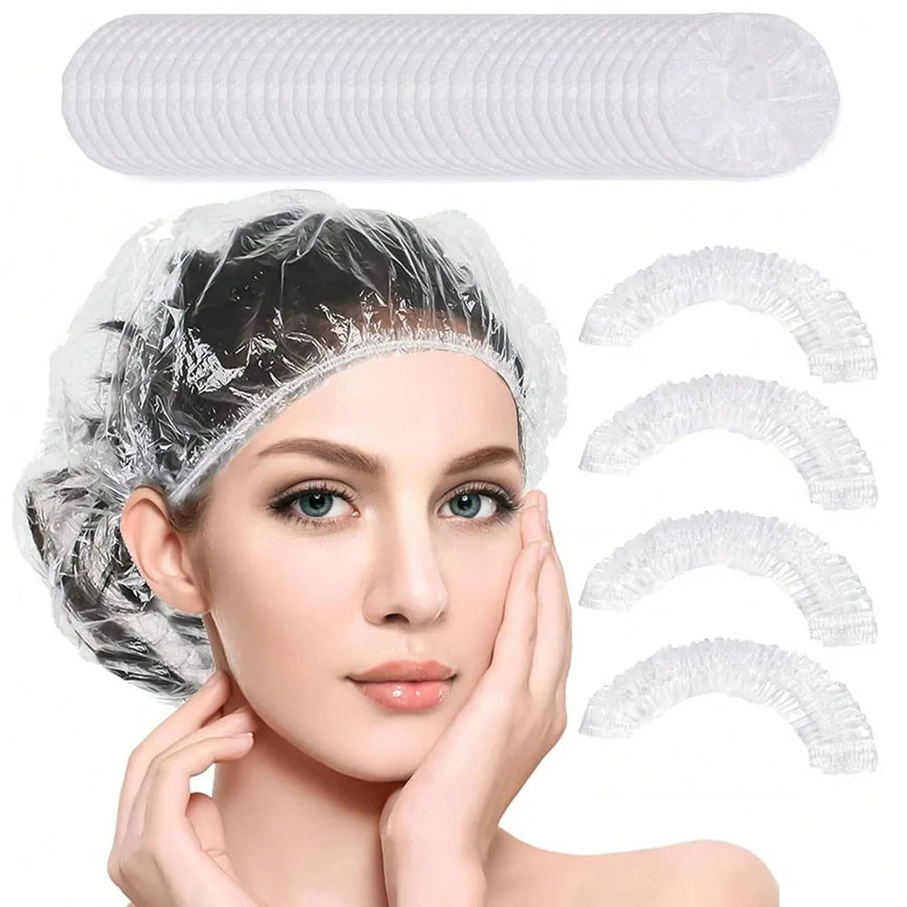 Disposable Shower Caps 50/100 Pack – Clear Elastic Waterproof