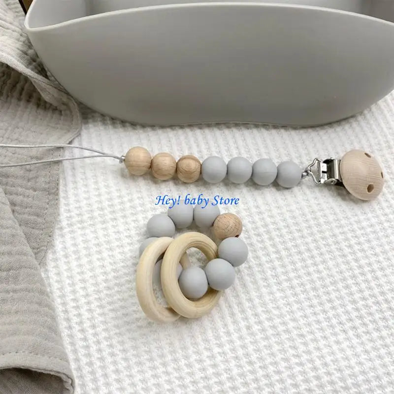 Baby Bath Toy Set – Wooden Rattle Bracelet & Silicone Teether