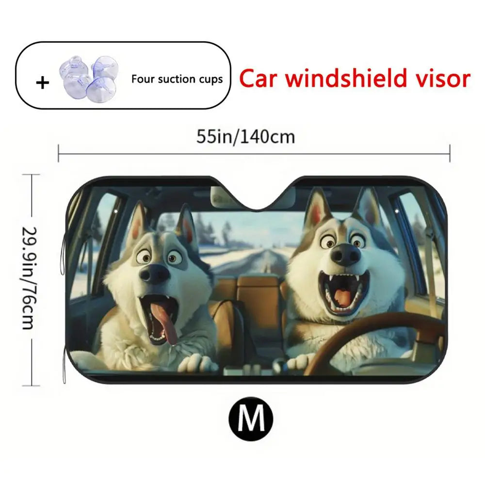 Car Sun Screen Visor Windshield Shade Foldable Shield With Suction Cup Window Covers UV Protection Summer, Fun Vehicle Accessory Peaceful Pleasures Health and Wellness Husky 140x76cm