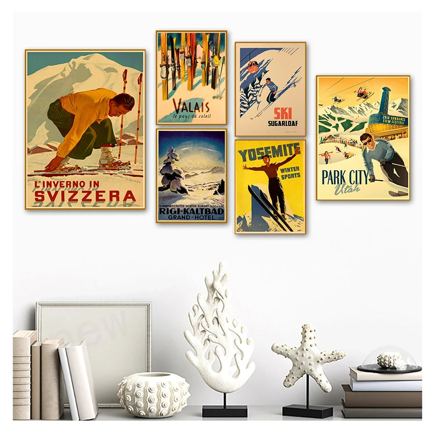 Retro Skiing Alps Switzerland Canvas Wall Art | Vintage Ski Poster