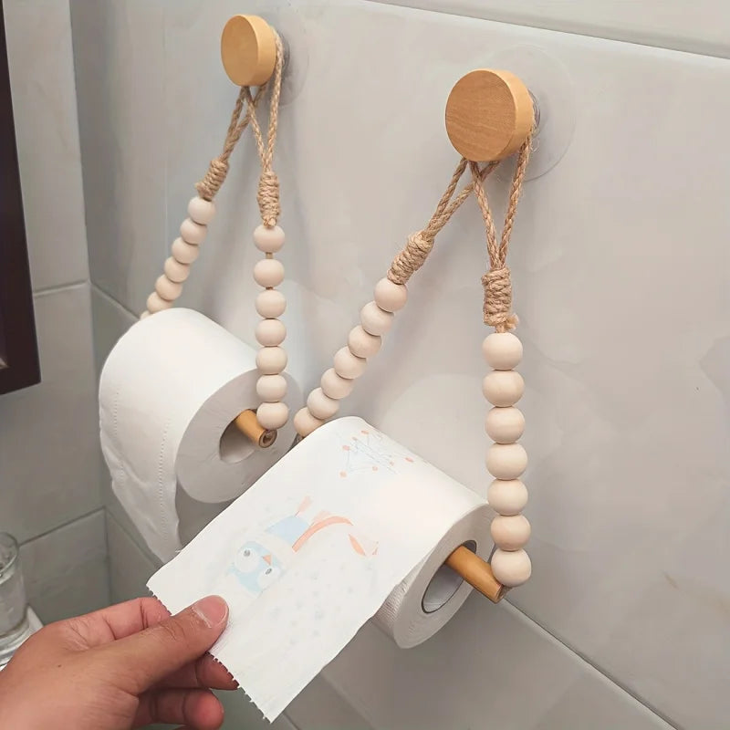 No-drill Toilet Paper Holder Rustic-style Hemp Rope Wooden Ball