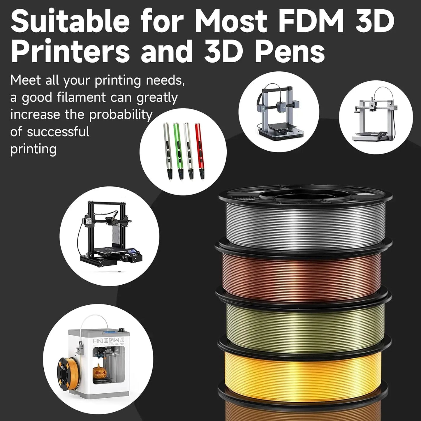 Silk PLA Filament 1.75mm 4-Pack | Copper Gold Silver Bronze 250g