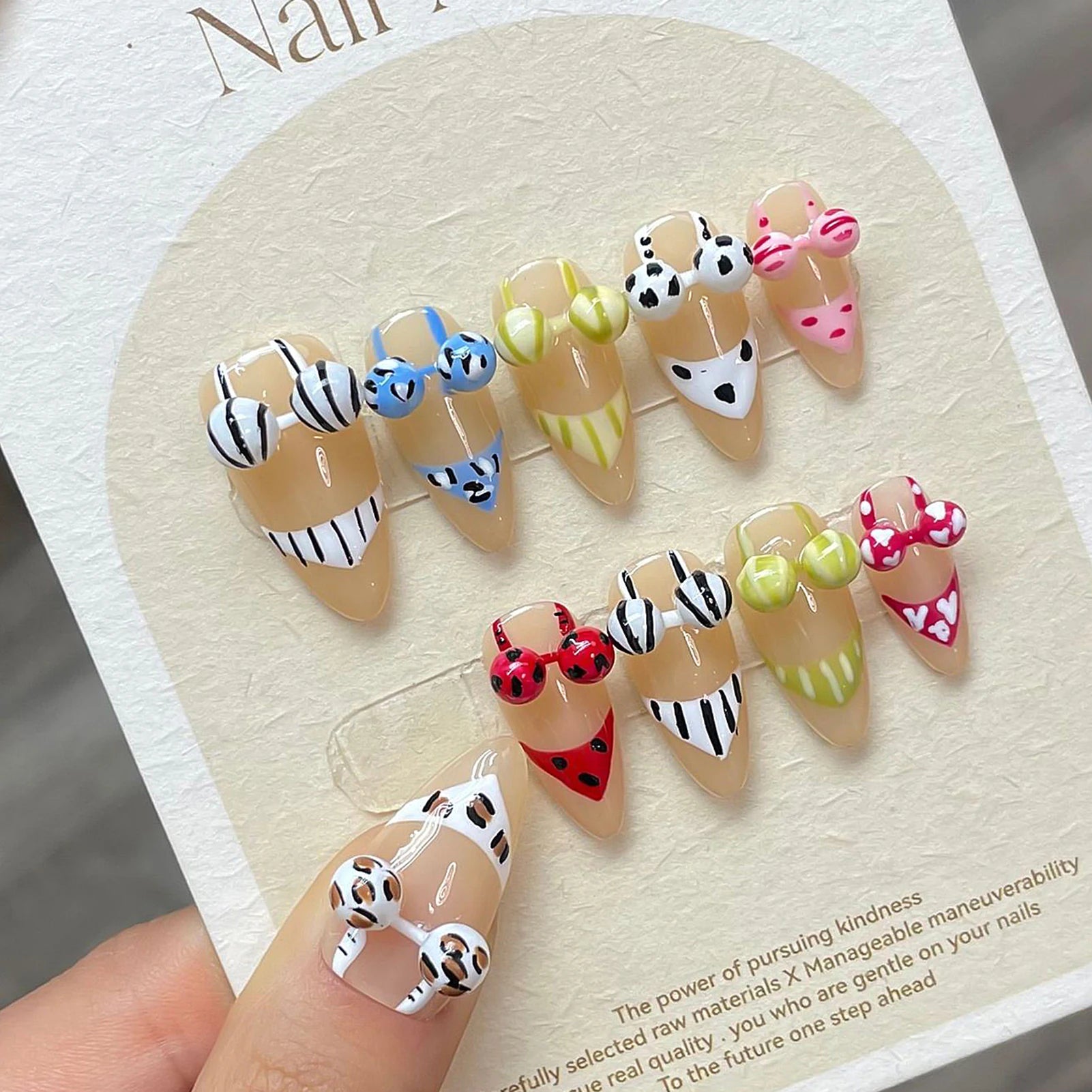 Handmade Press on Nails with 3D Bikini Design Summer Beach Style False Nails for Women Wearable Reusable Funny Almond Fake Nails Peaceful Pleasures Health and Wellness