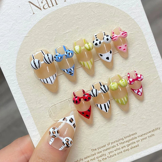 Handmade Press on Nails with 3D Bikini Design Summer Beach Style False Nails for Women Wearable Reusable Funny Almond Fake Nails Peaceful Pleasures Health and Wellness