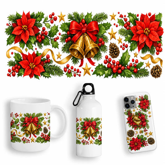 Christmas UV DTF Stickers – Poinsettia Bell Holly Berry Decals UV DTF Transfer Sticker Peaceful Pleasures Health and Wellness