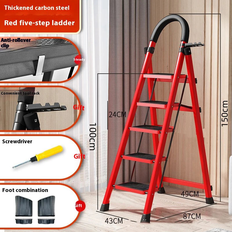 Adjustable Zigzag Folding Ladder 3 4 5 6 Step Thickened Carbon Steel Engineering Ladder Stable Climbing Tool for Home And Garden Peaceful Pleasures Health and Wellness 5 layers Red