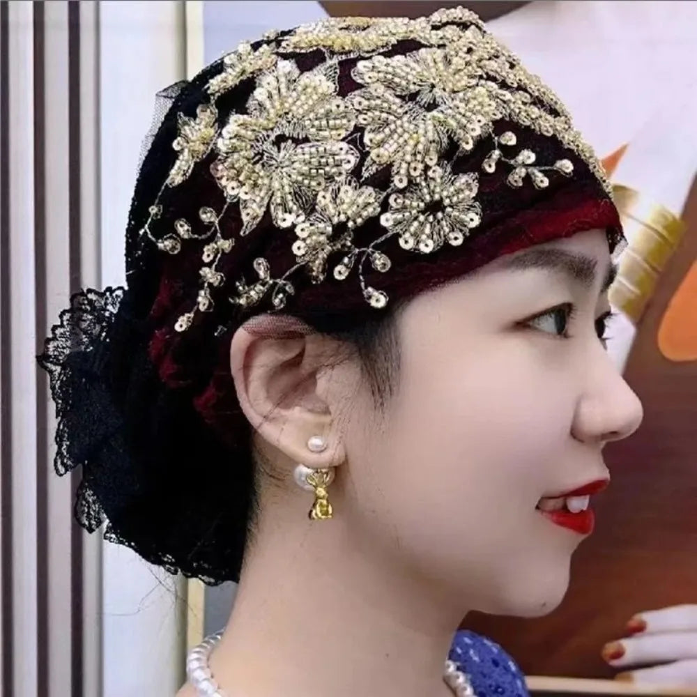 Flower Embroidery Turban Bonnet Hat – Elastic Lace Headscarf